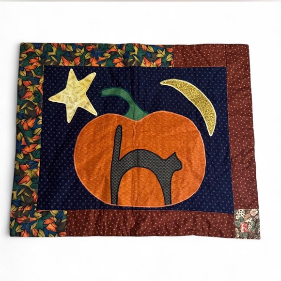 Vintage Handmade Halloween Patchwork Wall Hanging/ curtain with Pumpkin Design - Picture 1 of 8
